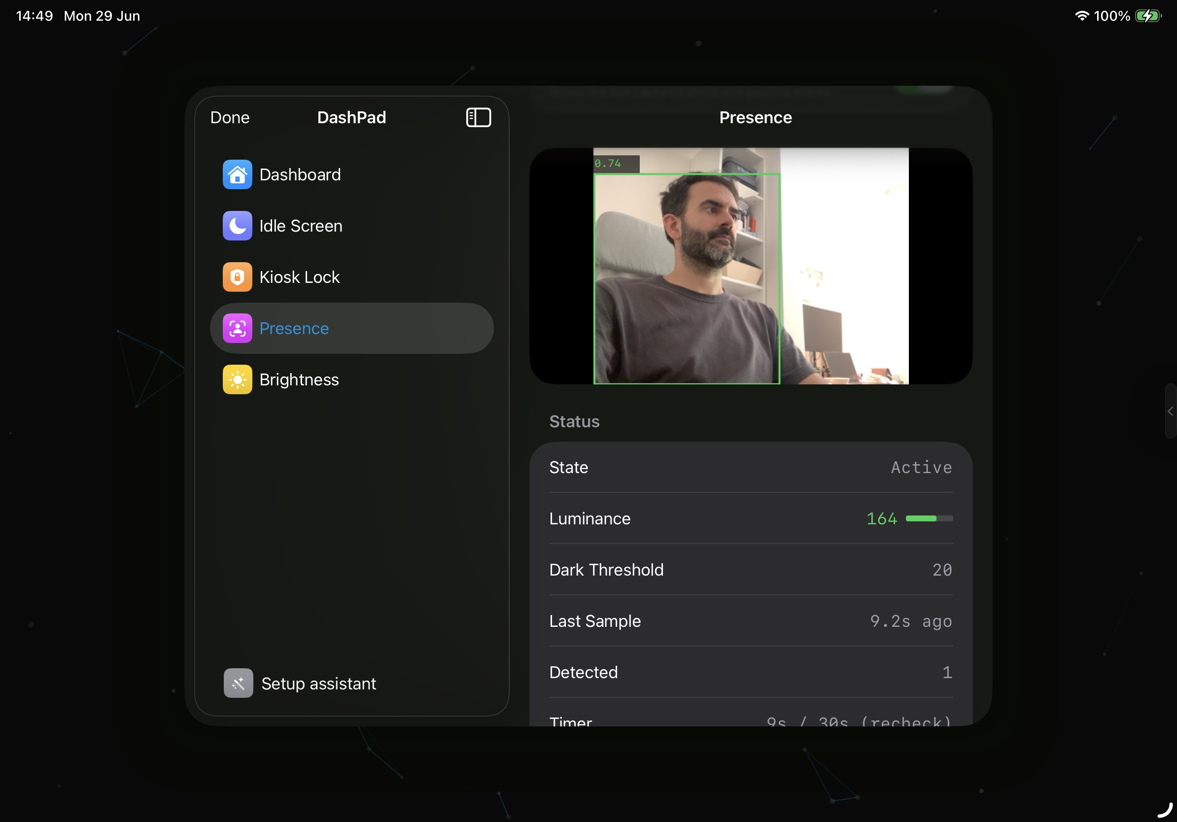 DashPad presence settings showing on-device person detection