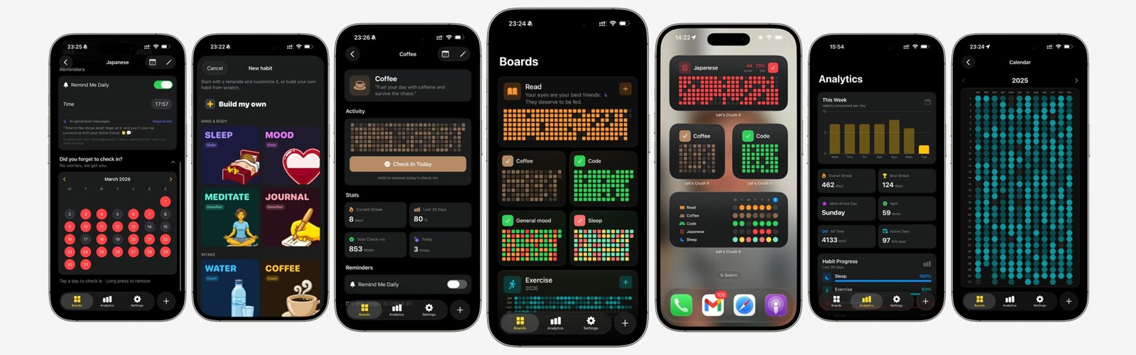 Let's Crush It screens: boards, habits, stats, widgets and calendar