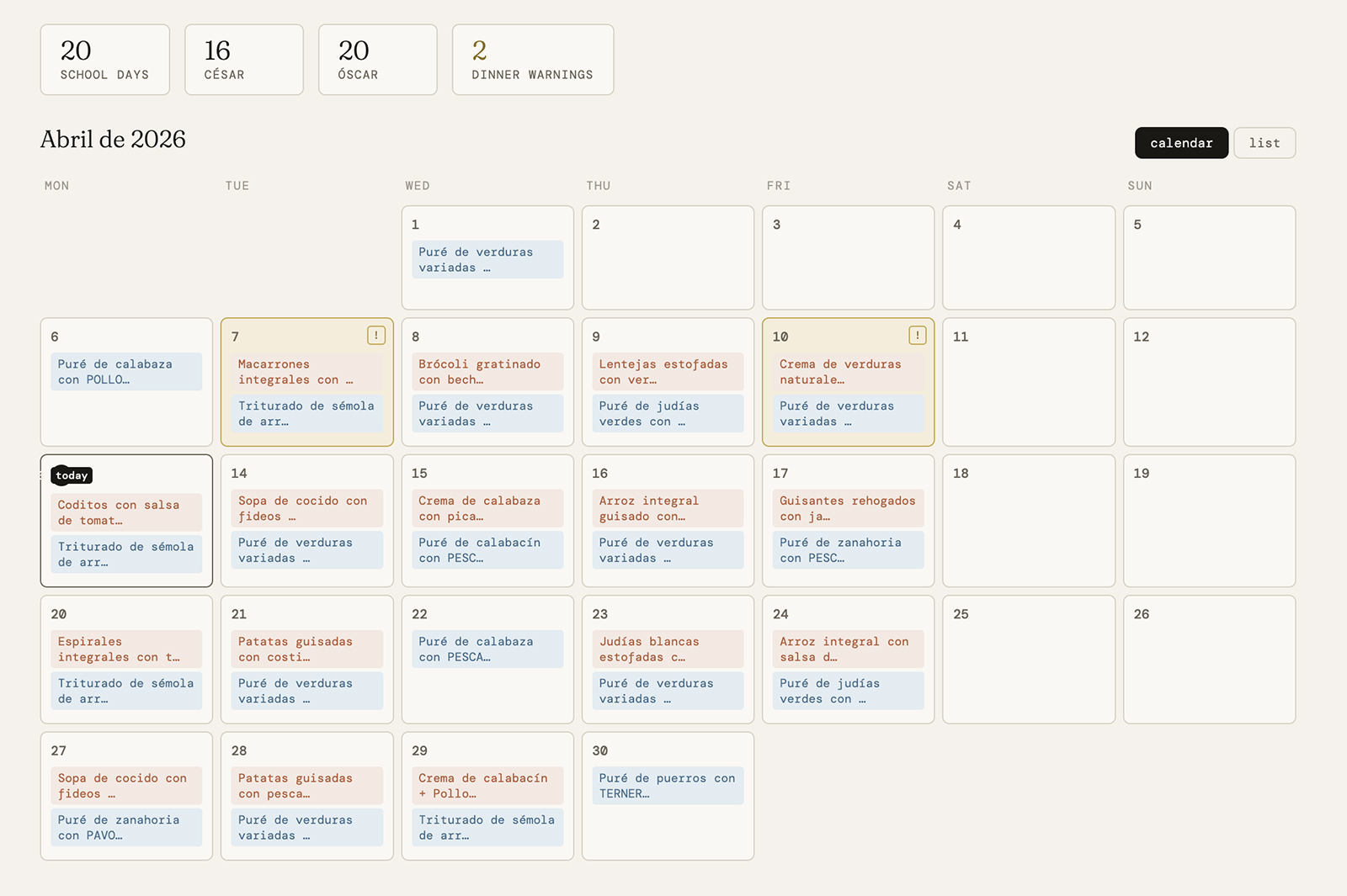 The calendar view in the web app, with both kids' meals side by side