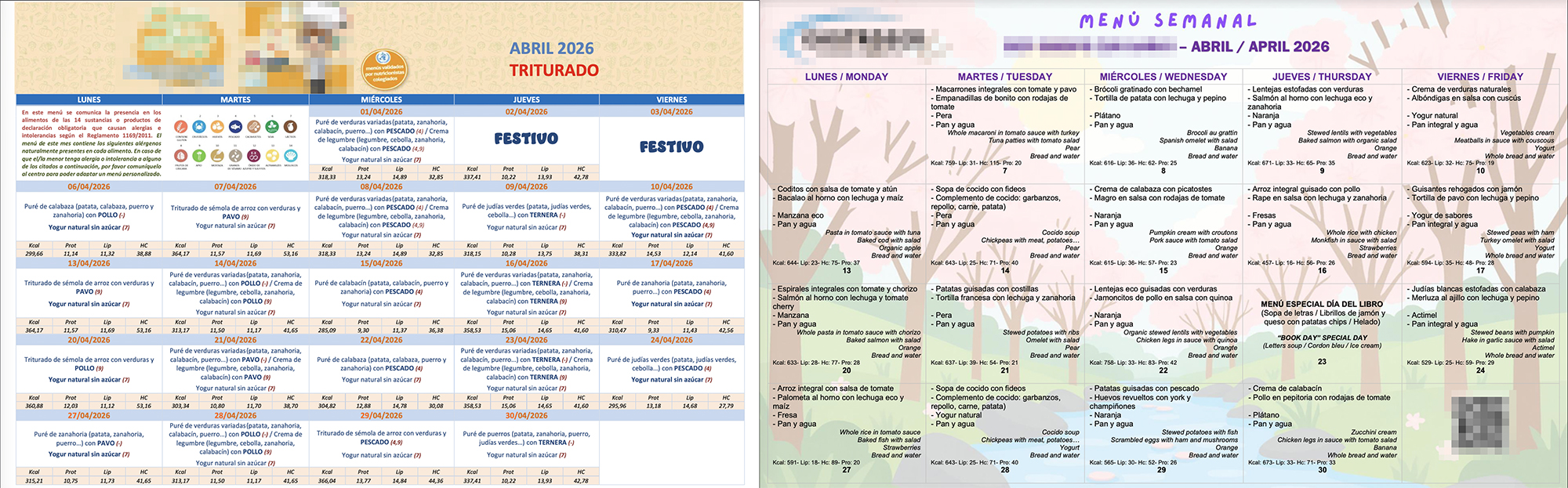 The two different PDFs the schools send with the lunch menu for the entire month