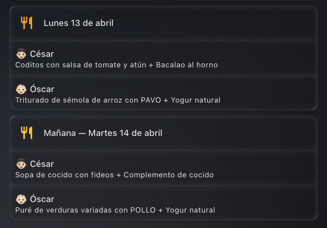 The dashboard cards for today and tomorrow, showing the date in Spanish and the meals for each kid